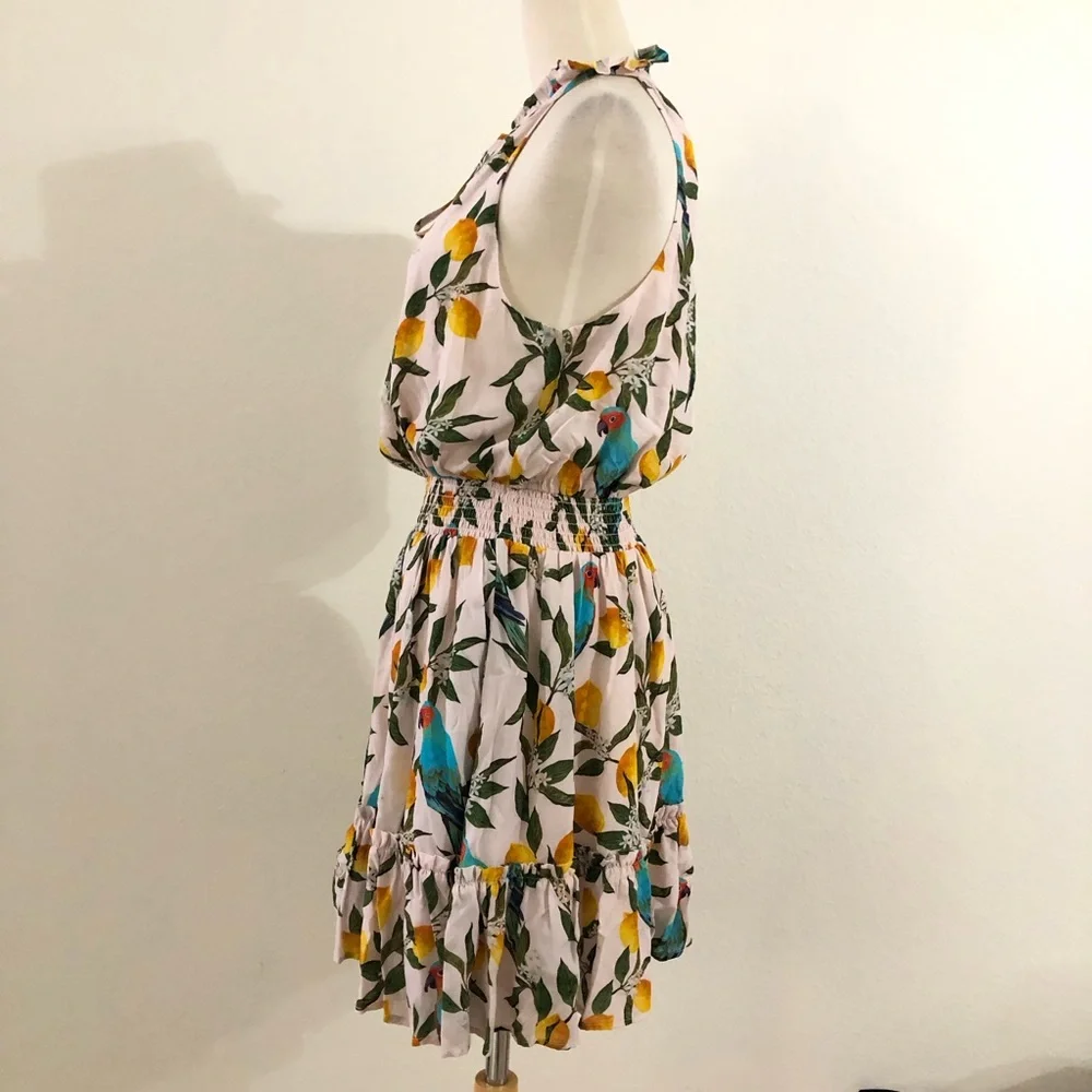 Nicoblu Halter Dress with Tropical Parrot Lemon Print Size Small - Picture 5 of 7